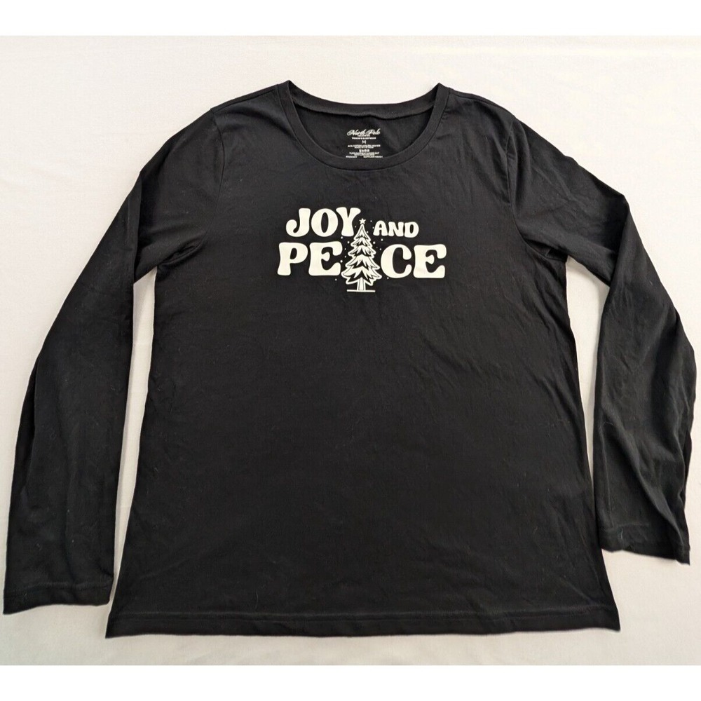 Joy & Peace Christmas Tree Black Long Sleeve Cotton Blend Sleep Shirt Women's M
